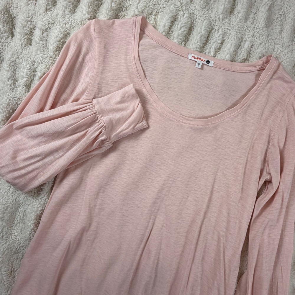 Sundry Women Light Pink Slub Knit Scoop Neck Puff Sleeve Top Made in USA Size 1
